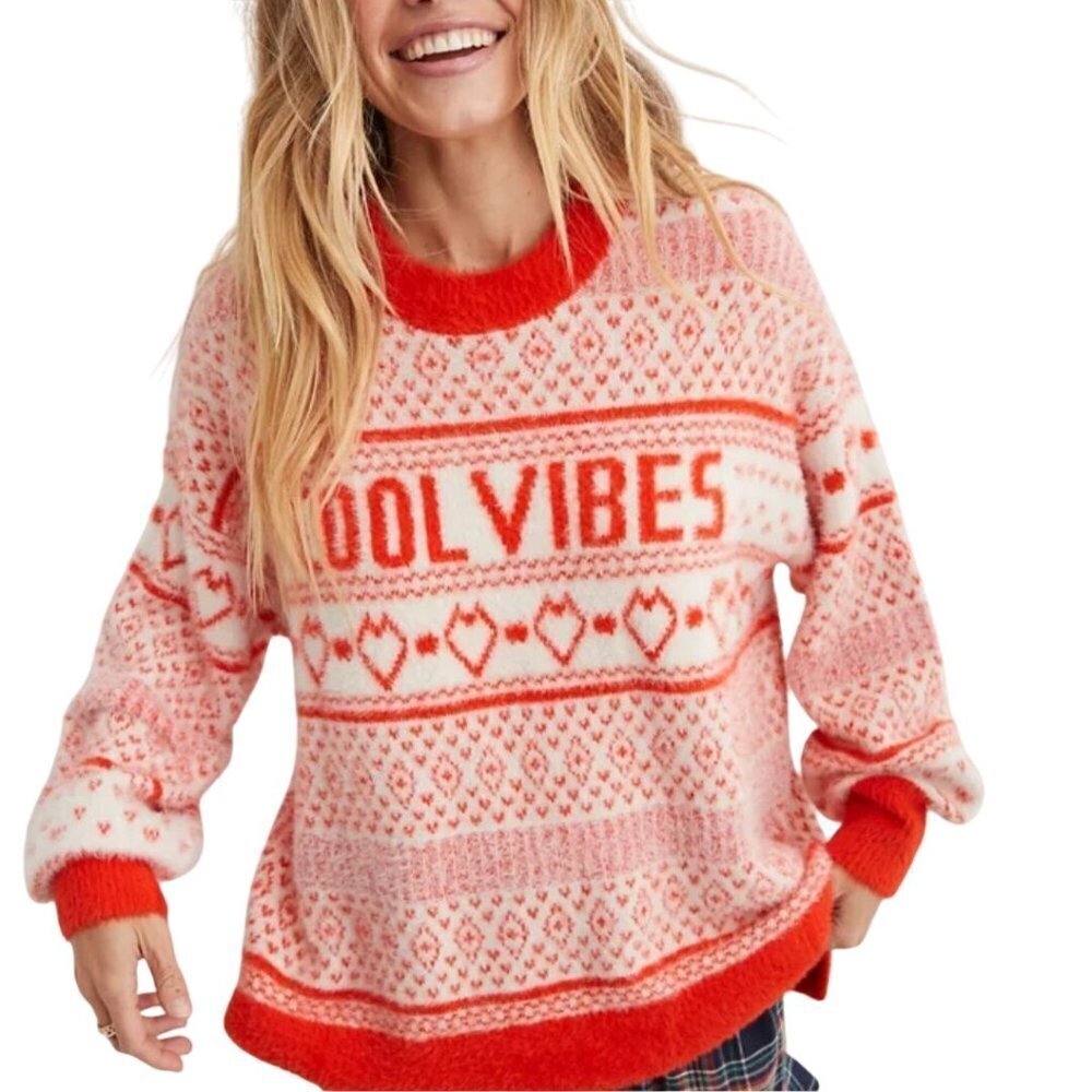 Aerie Cool Vibes Fluffy Oversized Crew Sweater Star Burst Orange 2023 Size M